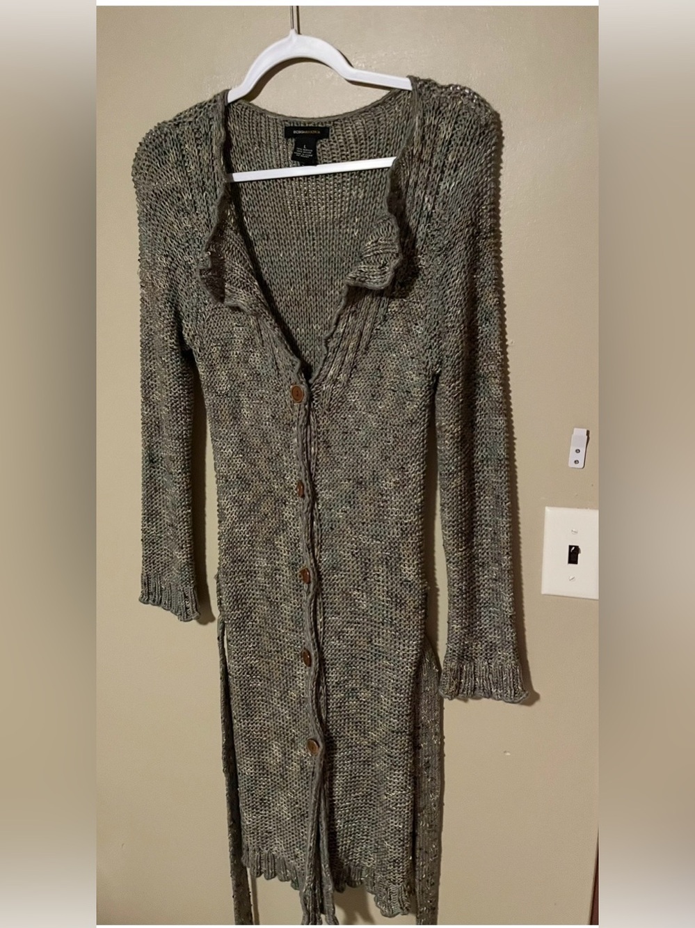 BCBGMaxAzria Olive Longline Fringed Button Cardigan - Picture 2 of 5